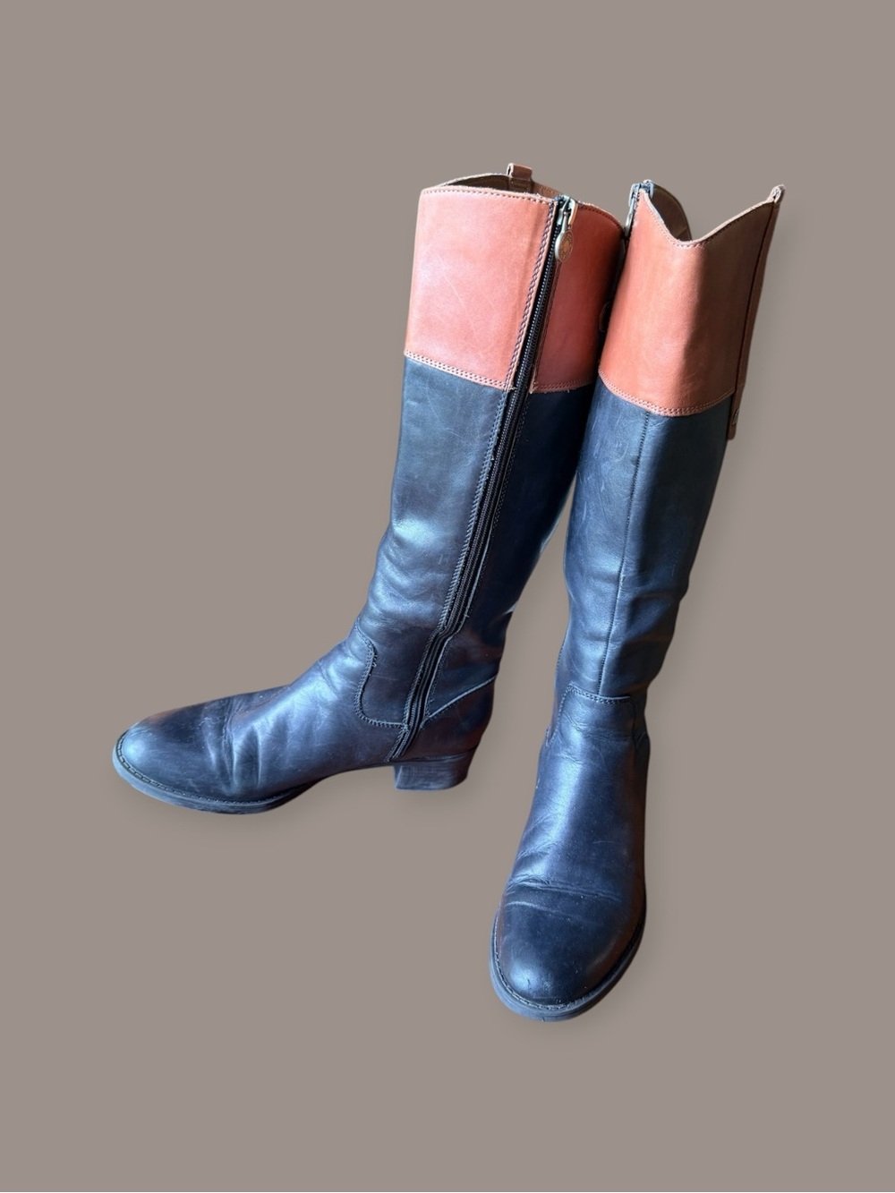 Franco Sarto Two-Tone Black and Brown Tall Leather Riding Boots